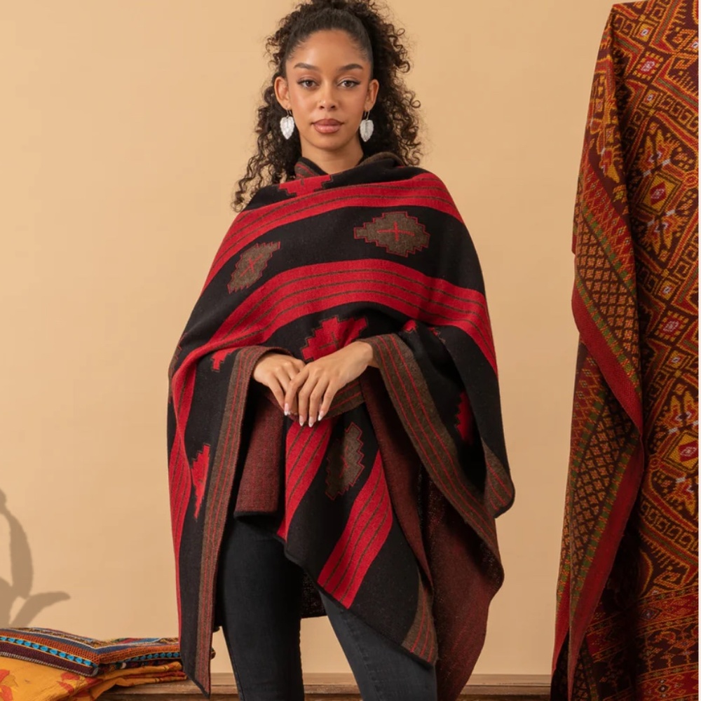 NWOT Alpaca Ruana, Navajo, Red/Black/Brown (One Size)
